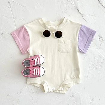 Summer Baby Clothes Romper Short Sleeved Triangle Bodysuit Cotton Kids Clothing Newborn Boys Girls Pocket Jumpsuit 0-18M