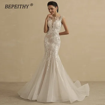 BEPEITHY Customized Mermaid Lace Wedding Dresses For Bride 2022 Sleeveless Court Train Trumpet Bridal Party Gown Online Shop