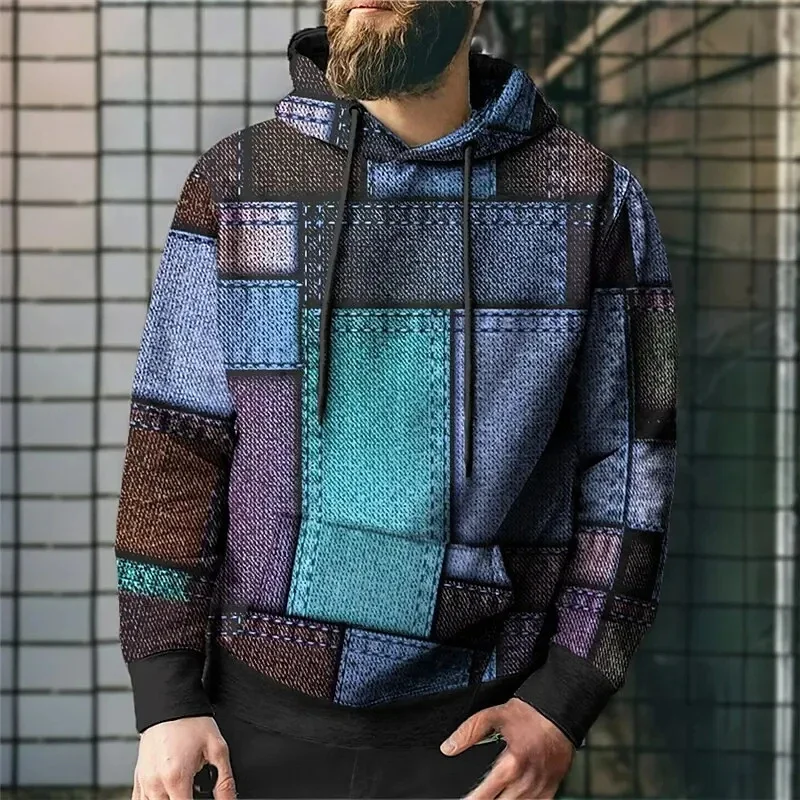 thumbnail image 1 of Sudadera con capucha y estampado de cuadros con costura simulada para hombre, jersey con estampado 3D de bloques de color, sudaderas holgadas unisex para la calle, 1 of 4
