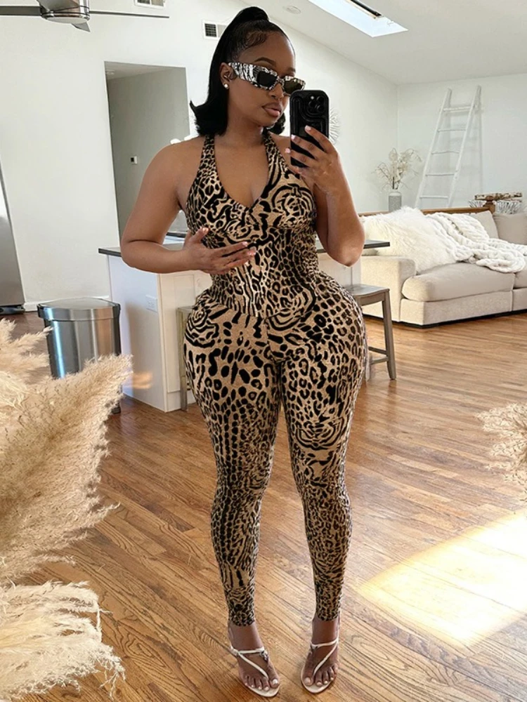 Sexy Leopard Printed Jumpsuits Women's Summer Sleeveless Backless Skinny Night Club Bodysuit Female Fitness Sports Yoga Overalls 3