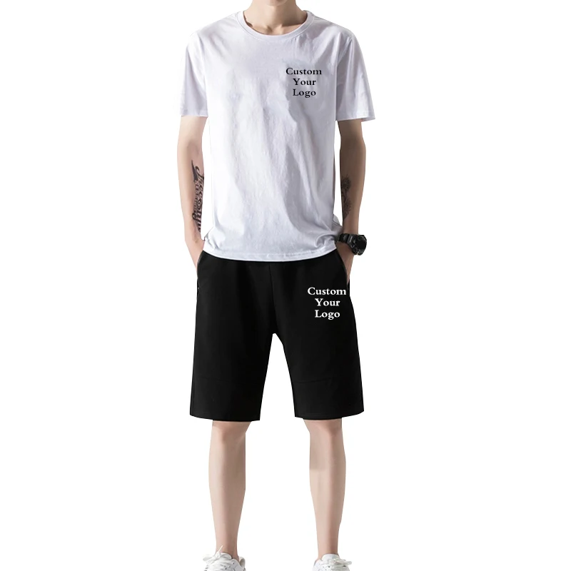 Men Custom Logo Sets Solid Color Loose O-Neck Short Sleeve T Shirt & Drawstring Shorts 2Pcs Streetwear Men's Casual Suits