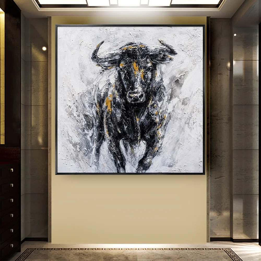 

Top Strong Bull Oil Painting Canvas Picture Wall Art Black White Cuadros Decor Mural Office Original Modern Animal Bullfight