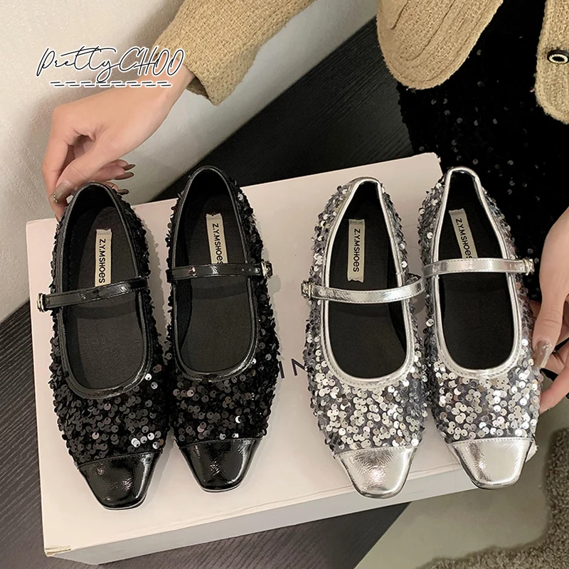 

Elegant Evening Party Ballet Flats Woman Bling Sequin Ballerinas Shoes Ladies Brand Design Almond Toe Silver Mary Jane Zapatos