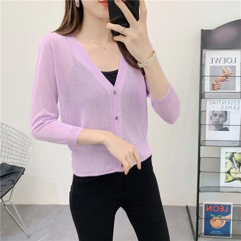 Spring/Summer Ice Linen Knitted Split Sleeve Cardigan Women's Versatile Office Air Conditioning Shirt Fashion Sunscreen Top