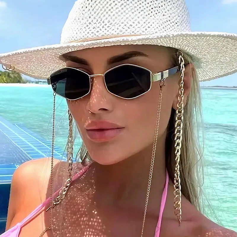 Frauen Mode Sonnenbrillen mit Kette Luxus Marke Design Polygonale Sonnenbrille für Weibliche Persönlichkeit Brillen Brillen
