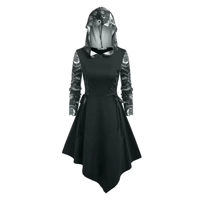 

Autumn New 2022 Womens Splicing Dress Solid Color Bandage Hooded Irregular Long Sleeve Fashion High Street Ladies Casual Dress