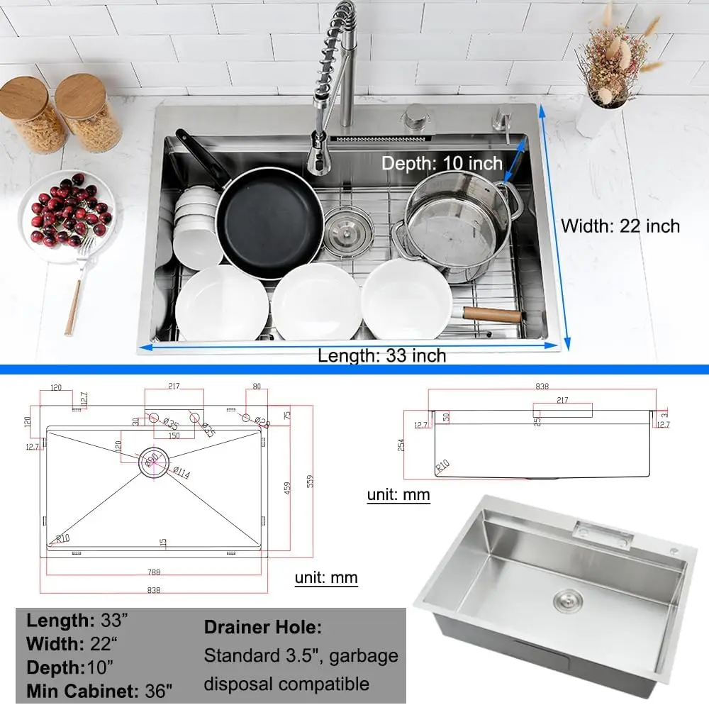 33x22 Drop in Kitchen Sink with Waterfall Faucet Single Bowl 16 Gauge Stainl 6