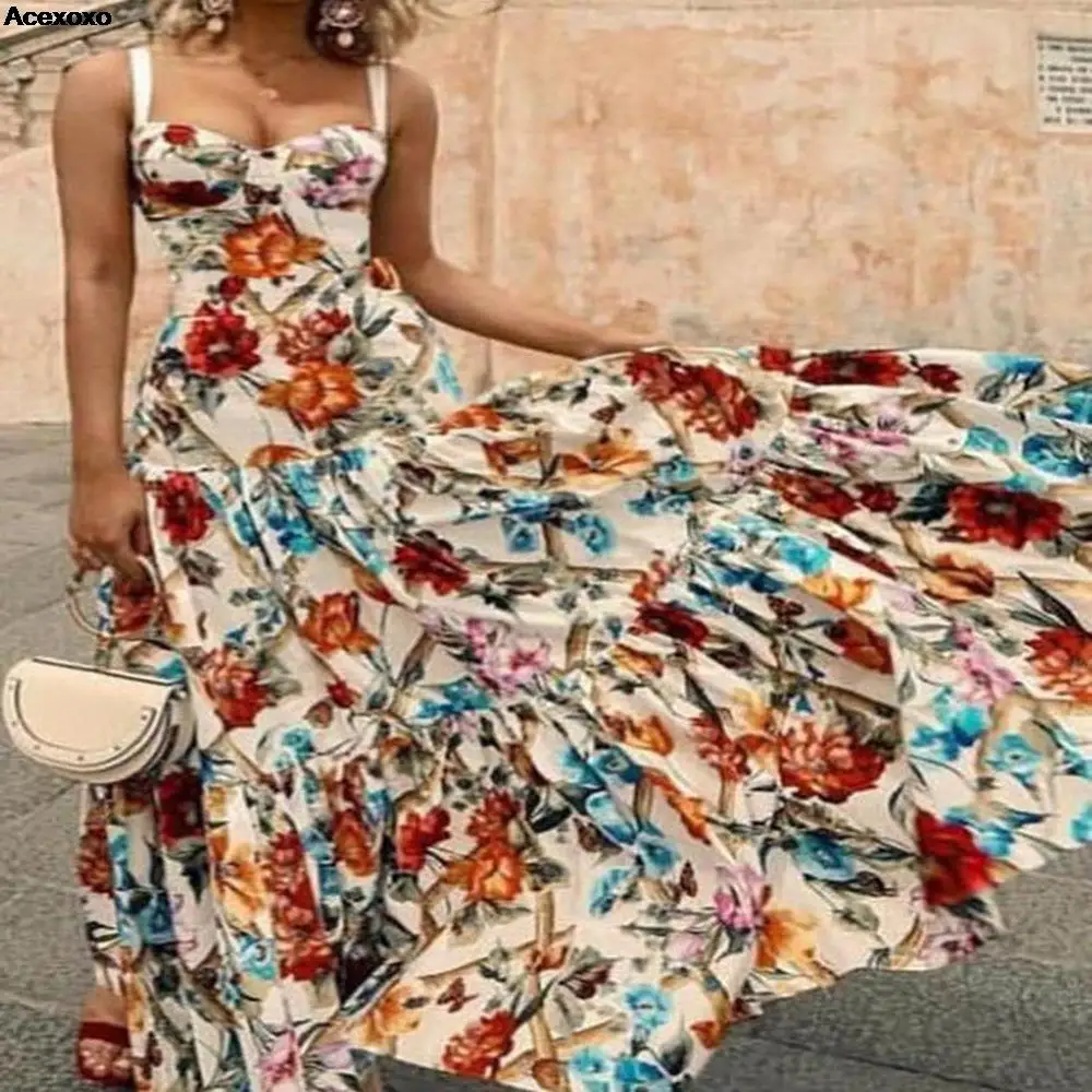 

2023 summer new women's casual fashion sexy sleeveless halter print dress