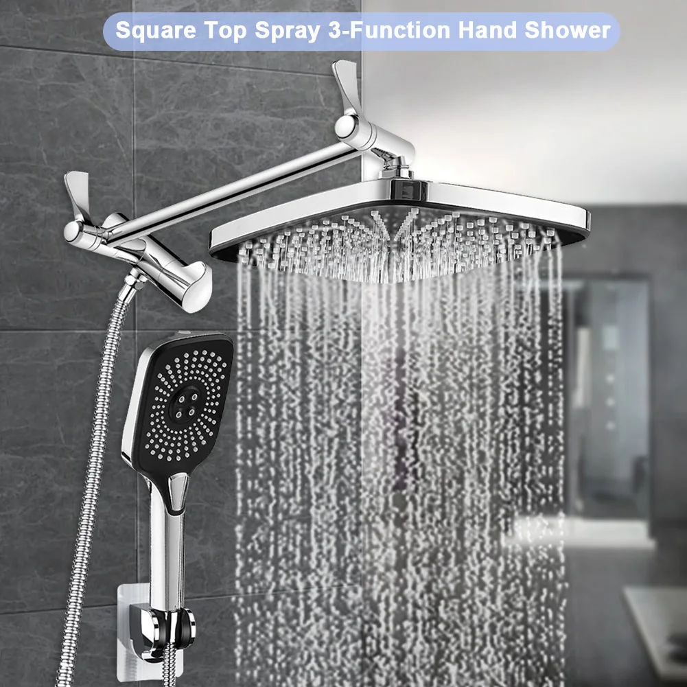 12 Inch Bathroom Shower Faucet Set 3+1 Settings Rain/Rainfall Shower Heads Height/Angle Adjustable Handheld Top Spray Showerhead