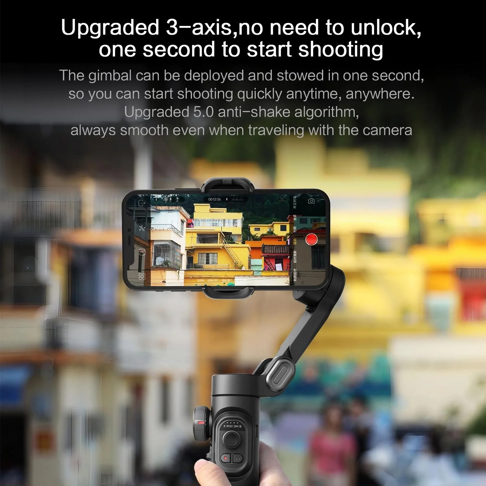 Stabilisateur smartphone 3 axes avec trépied déplié, gimbal monté sur pied, idéal pour selfies et vidéos stables.