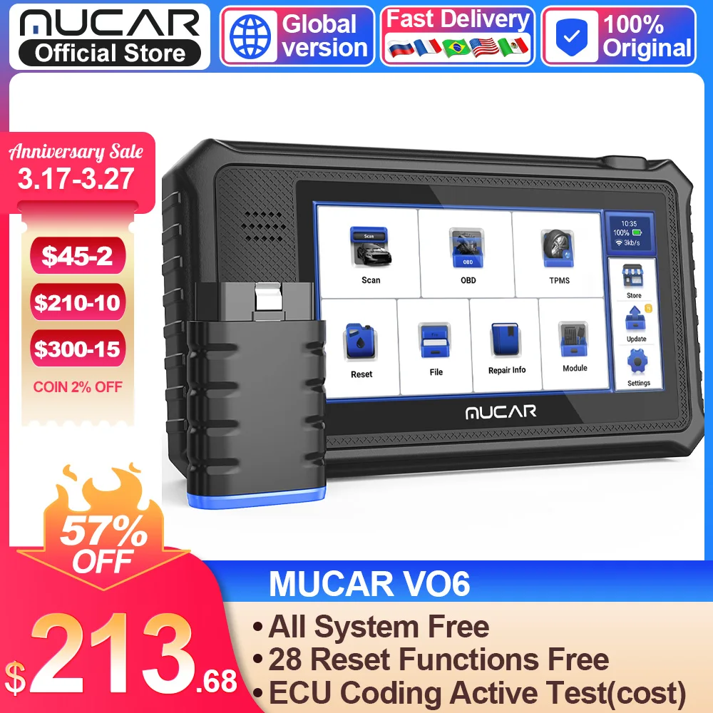 MUCAR VO6 모든 자동차 평생 무료 전체 시스템 28 리셋 Obd2 진단 도구, BI 방향 ECU 코딩 스캔 Obd 2 자동 스캐너