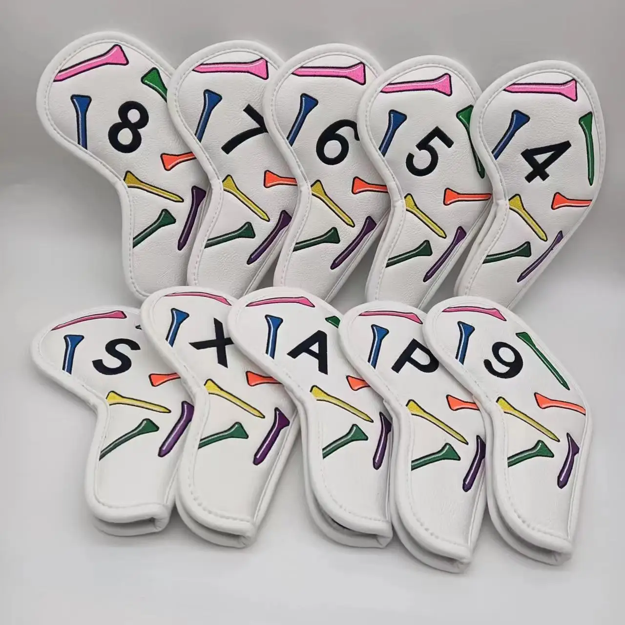 

10pcs Colorful Tee Tees Golf Iron Club Head Covers Set, Leather Golf Iron Covers White for Men/ Women Golfers