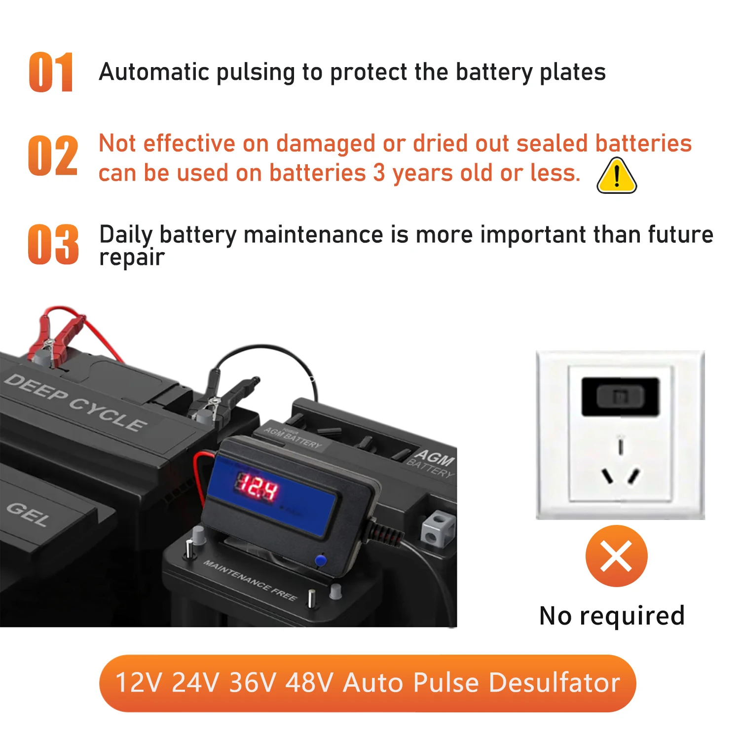 납산 배터리 탈황기, 배터리 재생기, 자동 펄스 탈황기, 대형 클립, 2A, 12V, 24V, 36V, 48V