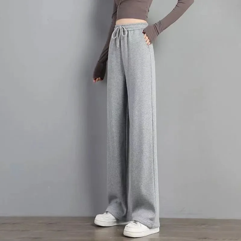2023 New Spring Autumn  Grey Knitted Wide Leg Women Casual Pants High Waist Straight Tube Floor Sweeping Pants
