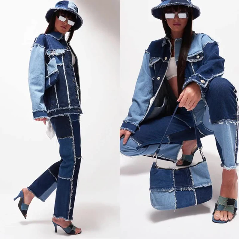 Jeans Women Straight Pants Patchwork Denim Trousers Splice Color Contrast Tassel PantsTrendy Fashion Streerwear Style Cool 2