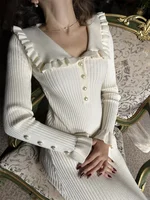 TARUXY High Waist Ruffled Maxi Dresses For Women Autumn Winter Knitted Slim Long Dress Women's Vintage Dress Woman Retro Elegant 2