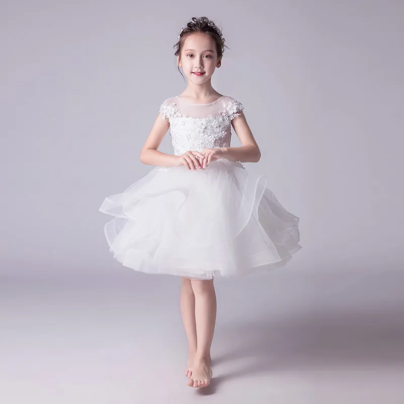 

Elegant Noble White Short Sleeve Flower Girl Dresses for Wedding Kids Princess Evening Pageant Holiday Holy Gowns Baby Frocks