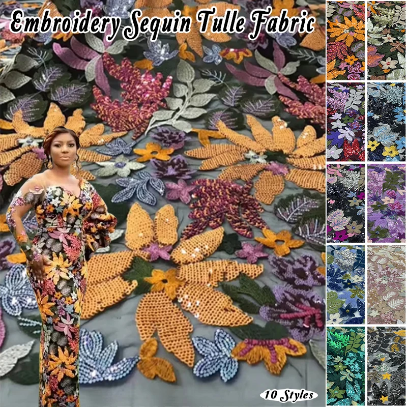 Bunter großer Blumen-Paillettenstoff, florales Netztuch für Hochzeitskleider, Partykleid, DIY-Nähmaterialien, Kleidungsdesign-Stoff – Detail 1