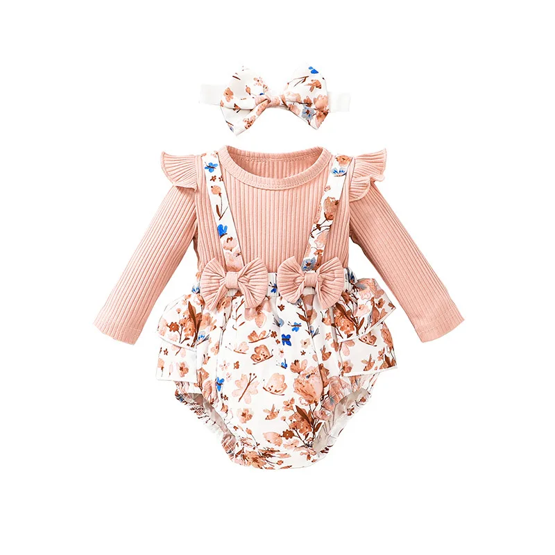 

Kiddiezoom Baby Girl Floral Print Romper with Bow Headband Cute Fall Infant Clothes Set Fall Long Sleeves Jumpsuit 0-18M Girls