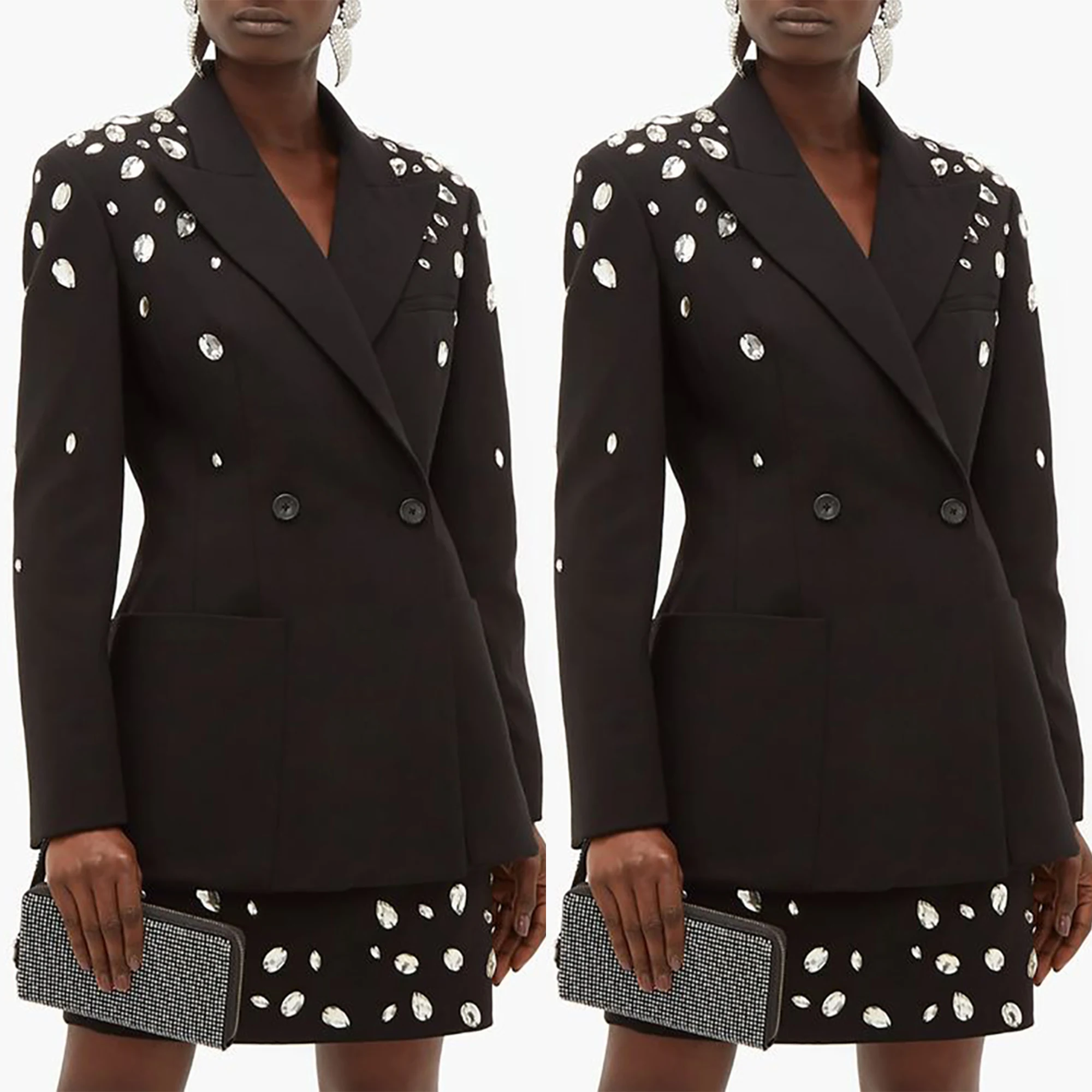 

Black Women Blazer Dress Sets Custom Made Slim Fit Crystal Beading Wedding Guest Party Wear Jacket And Mini Skirt