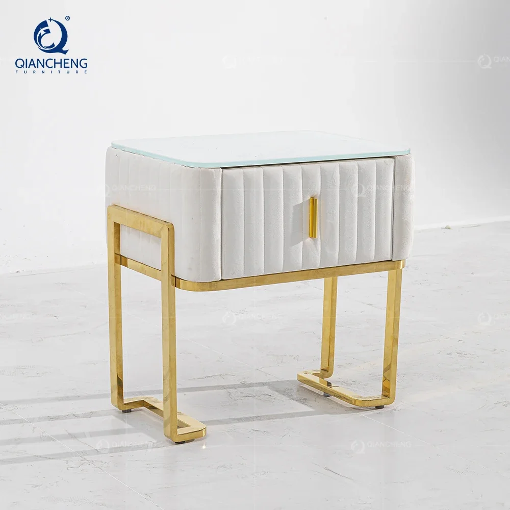 Minimalist Style Velvet Fabric Bedside Table With Strong Box Children's White And Gold Steel Bedside Cabinet With Table In China