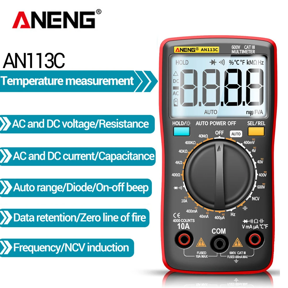 

ANENG AN113C/E 4000 Counts Digital Professional Multimeter Eletric Auto AC/DC Voltage Tester Current Ohm Ammeter Detector Tool