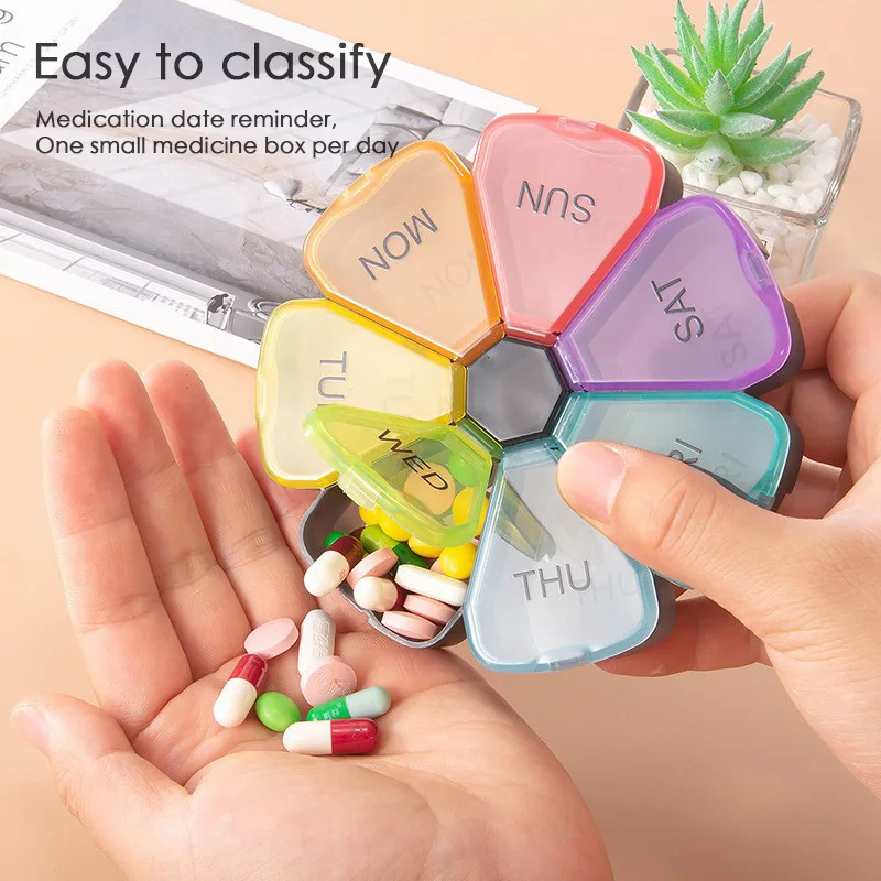 Circular Portable Seven Grid Medicine Box Transparent Colored Black and White Petal Tablets Storage and Packaging Medicine Box medicine storage box