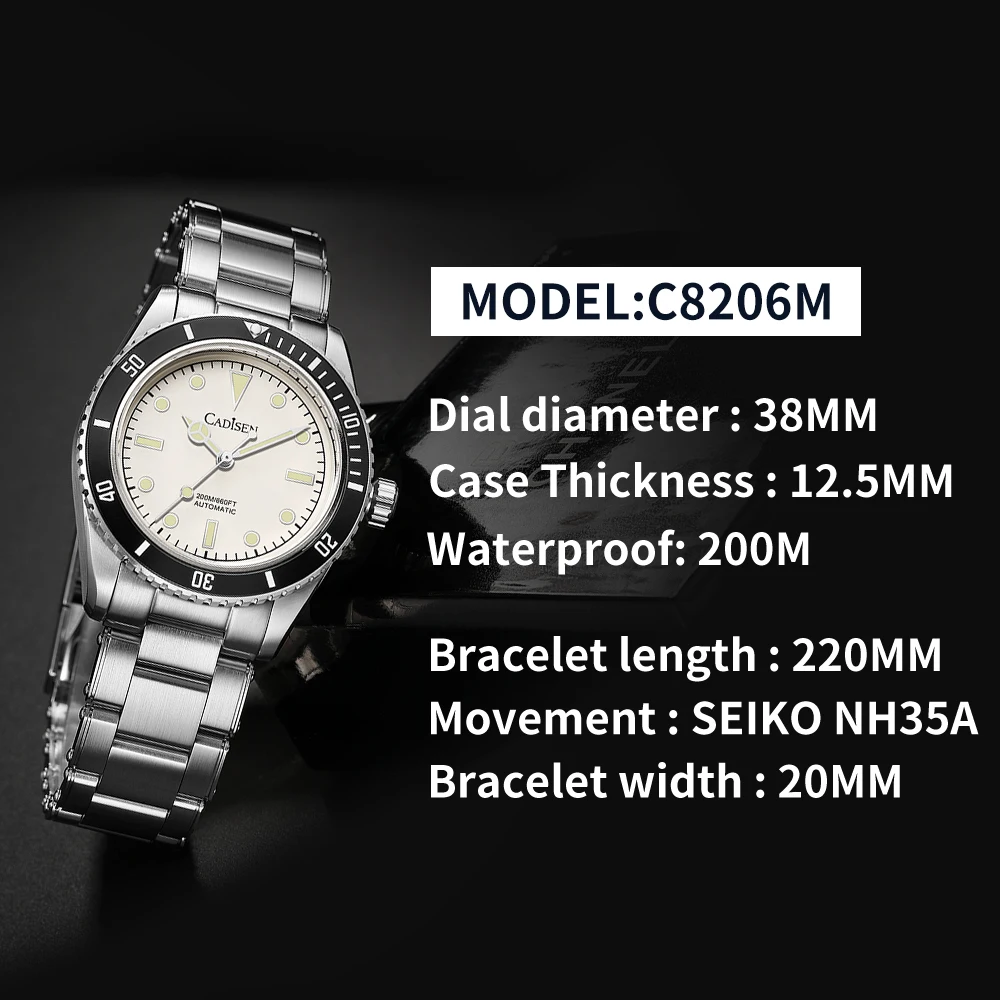 Cadisen-ヴィンテージメンズウォッチ,自動腕時計,38mm,ビジネス腕時計 