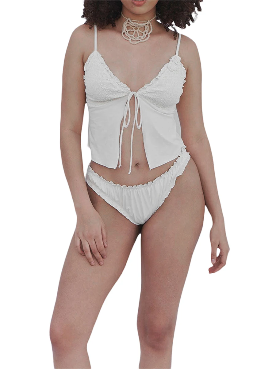 

Women's Summer 2PCS Beachwear Sets White Sleeveless Ruched Sling Vest + Low Waist Tie Up Thong