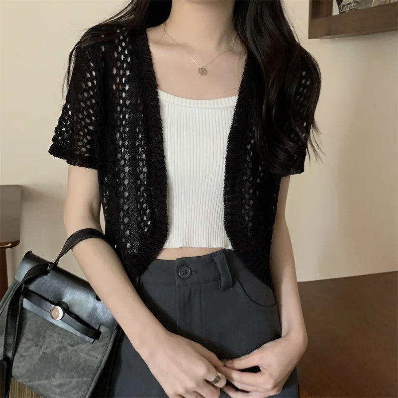 

T Shirt Women Cardigan Cape Female Design All-Match Air Conditioning Crop Shirt Sunscreen Knitted Jacket Thin Kintwear