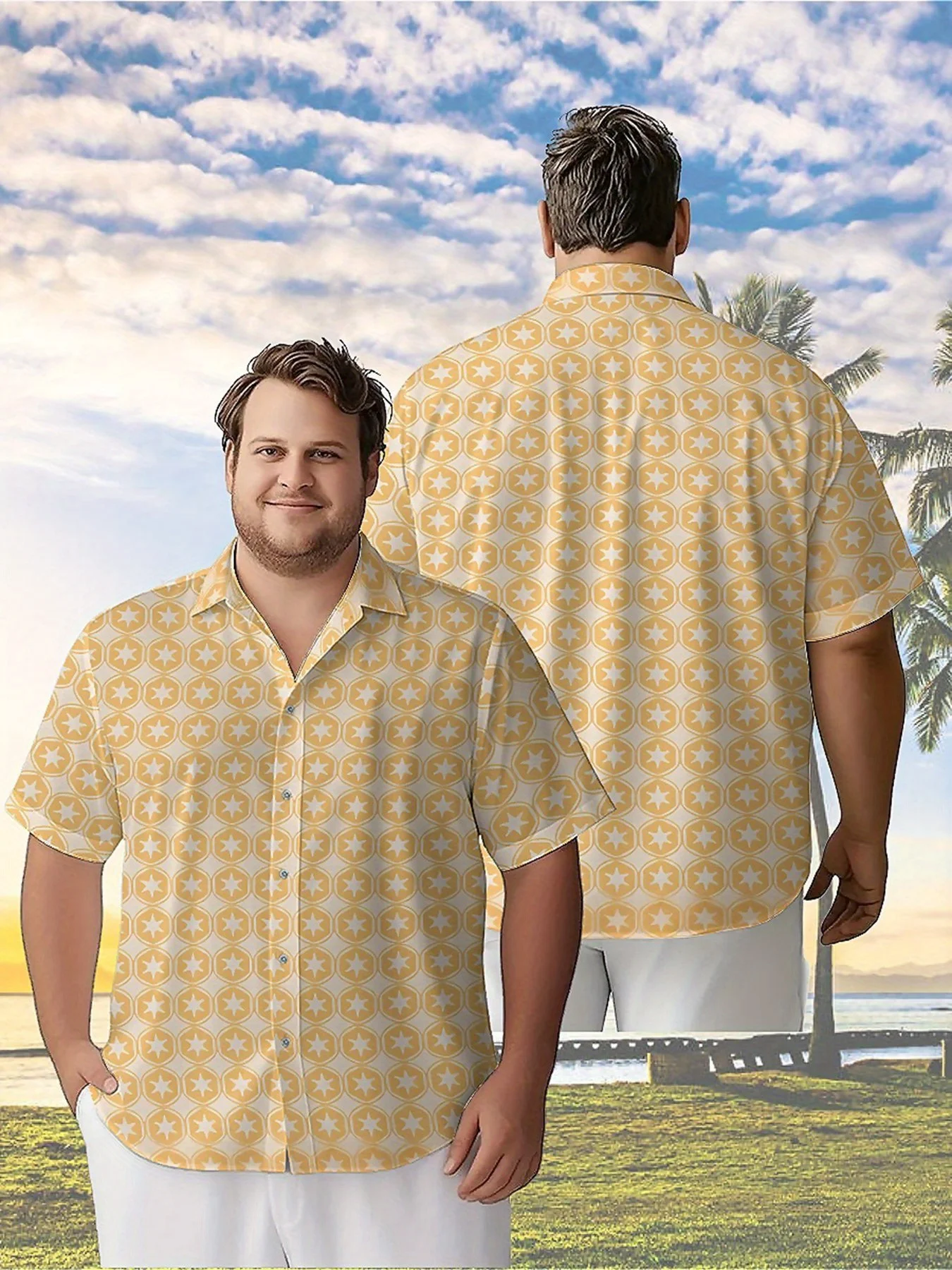 Men's Plus Size Hawaiian Shirts Star Geometry Pattern, Button Up Shirts, Unisex Casual Clothing, Summer Tops