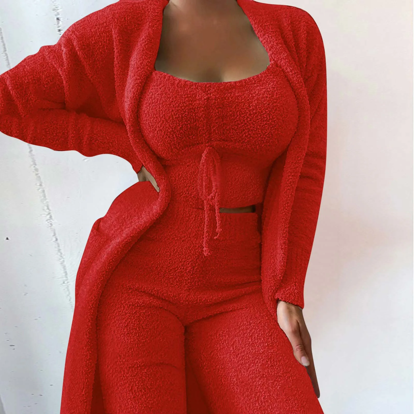 

Autumn Winter Warm Soft Fleece 3 Pieces Suit Women's Velvet Pajamas Set Crop Top+Long Pants+Coat Homewear Pyjamas Matching Sets