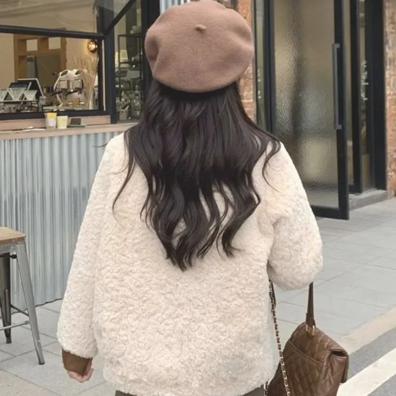 Autumn Winter New 2024 Streetwear Fashionable Lambswool Coats Women's Maillard Short Top Plush Jacket Padded Warm Blouse Outwear