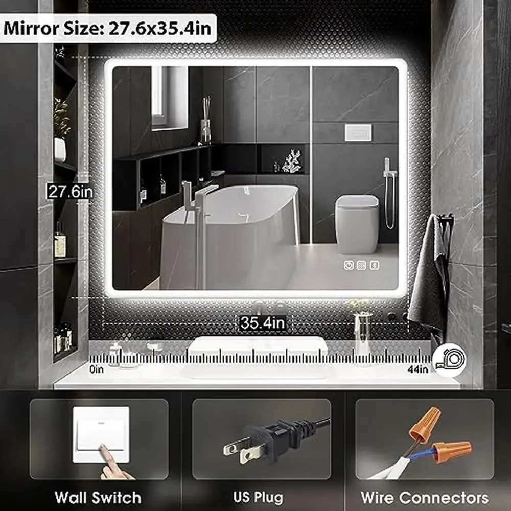 28x36in Rectangular LED Bathroom Mirror with Bluetooth Speaker Anti-Fog Wall Mounted
