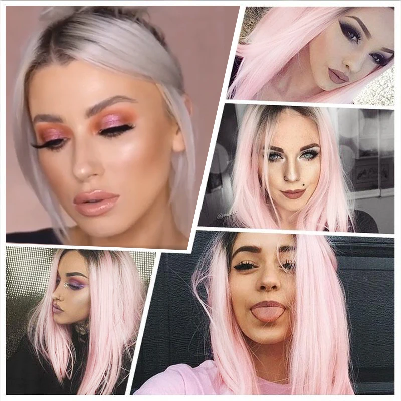 HAIRCUBE Human Hair Wigs Platinum Pink Wig for Women Light Pink Wig with Dark Roots Straight Bob 13*1 Lace Front Wigs Human Hair