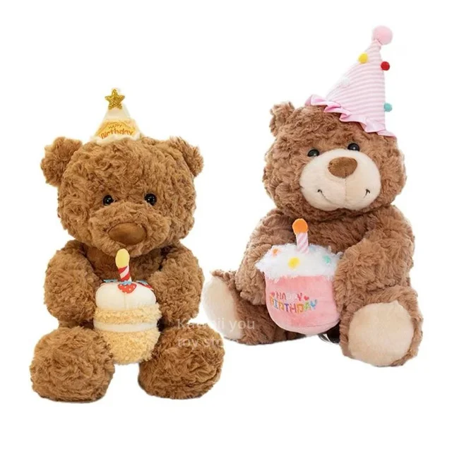 Kawaii Birthday Cake Teddy Bear Plush Toy Yellow And Pink Cake