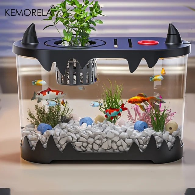 KEMORELA Small Fish Tank Desktop Fish Tank Home Use High Definition Transparent Water-Free Filter Integrated Suitable Small Fish 4