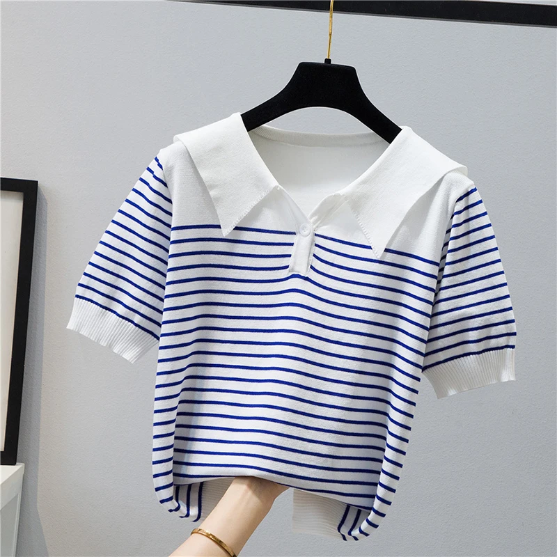 

Knitted T Shirt Women Striped Short Sleeve T-Shirts Turn-Down Collar Tee Shirt Femme Korean Style Clothes New Summer Tops Tshirt