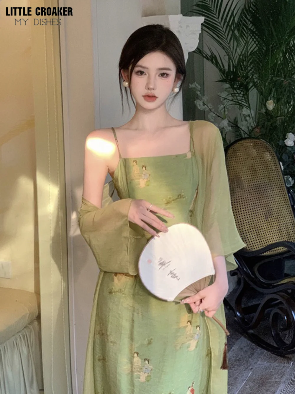 Women New Qipao Style Improved Chinese Summer Element Green Cheongsam Suspender Dress Children's Summer Vintage Dress Set