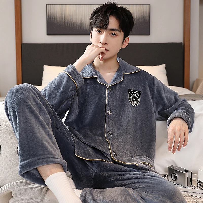 4XL 5XL Men Warm Flannel Winter Pajamas Turn-down Collar Long-sleeved Trousers Two-piece Set Loose Comfortable Sleepwear Suit