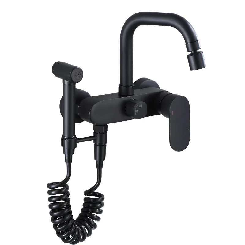 Kitchen Faucet Into Wall Type With Spray Gun  Black Copper Hot And Cold Water  Universal Rotary Bathroom