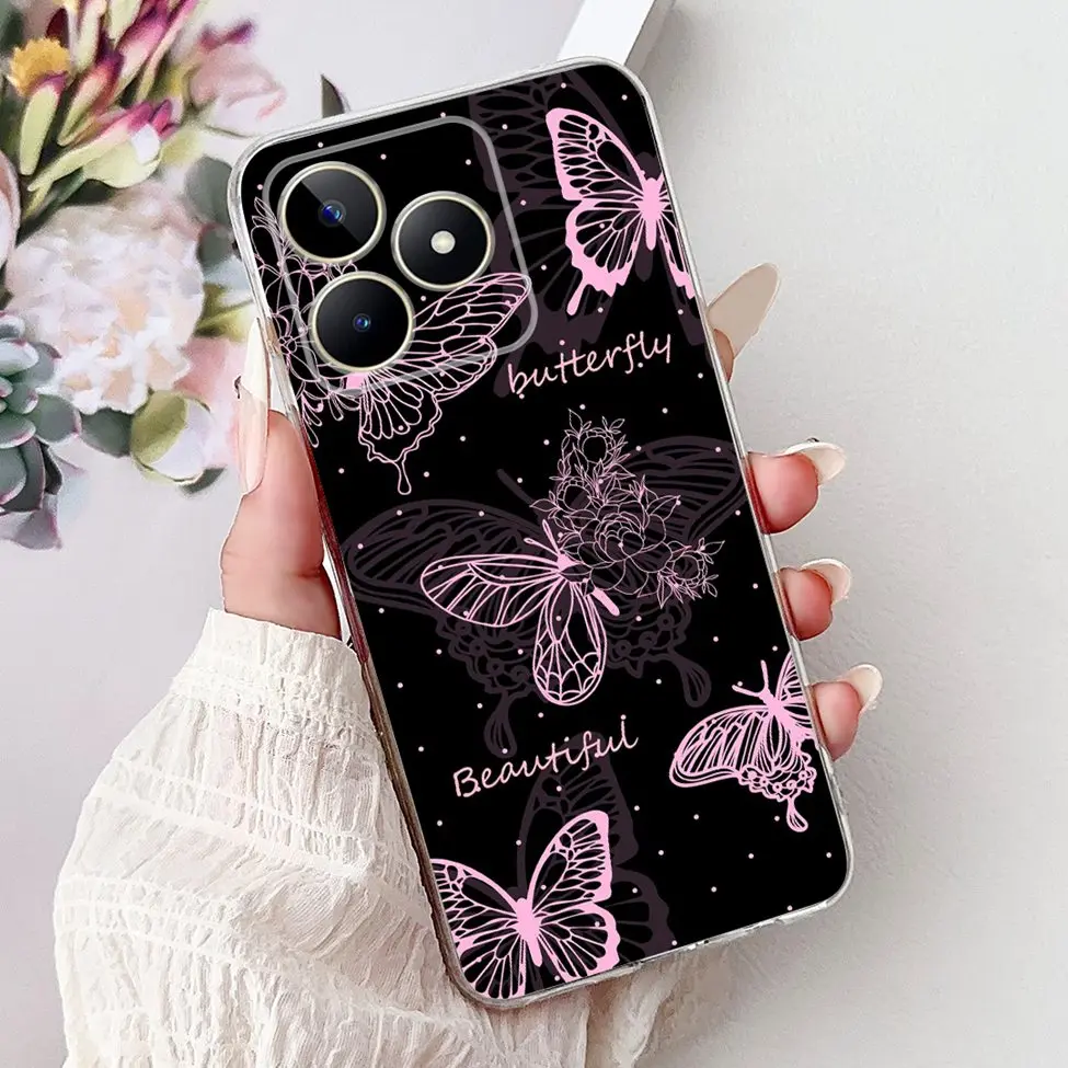 Clear Cute Cat & Butterfly Design Phone Case with Flower Accents - Stylish Protective Back Cover