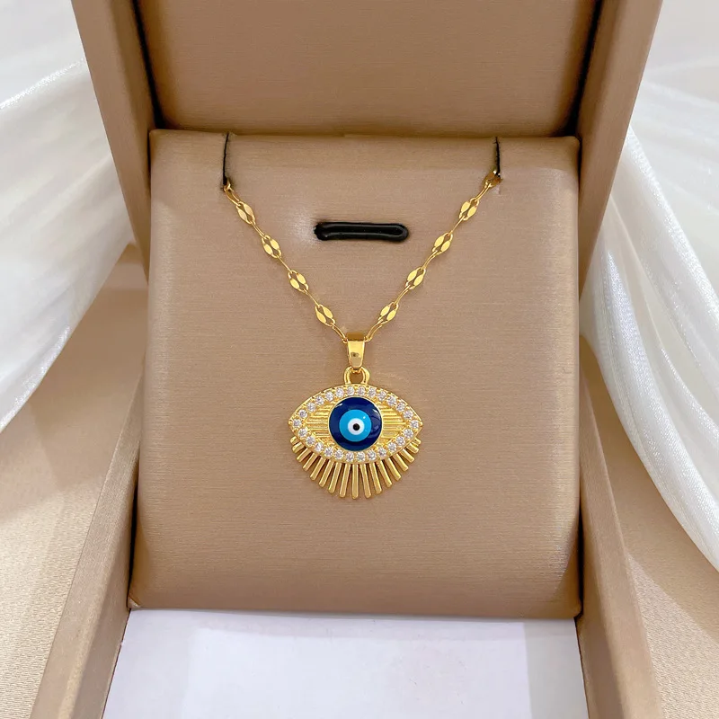 Cubic Zircon Hamsa Evil Blue Eye Necklace Stainless Steel Turkish Eye Eyelash Necklace Greek Jewelry ojo turco acero inoxidable - AliExpress