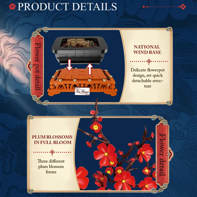 새로운 장난감 669PCS 보존 꽃 블록 창의적인 장식품 매화 꽃 분재 블록 세트 어린이 및 성인 선물용