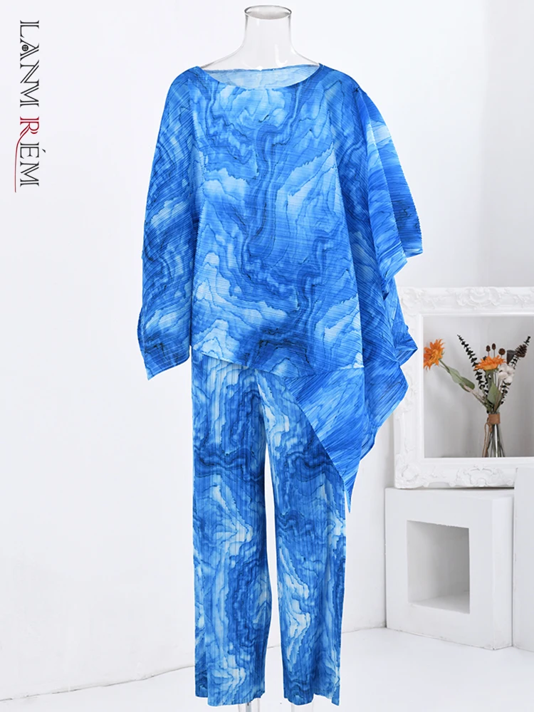 

LANMREM Fashion Print Pleated 2 Pieces Set Women Irregular Belt Gathered Waist Tops Straight Pants 2023 Autumn New 2AA2798