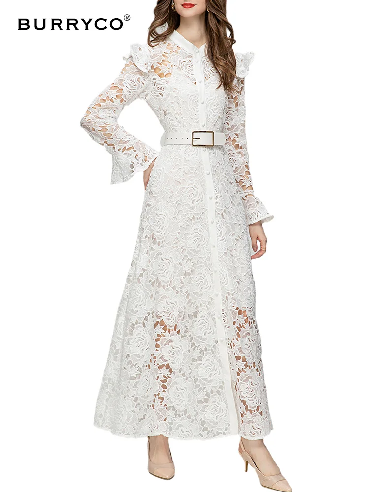

BURRYCO Summer 2023 Women's New Luxury Style Hollow out Print Belt Round Neck Flare Sleeves Slim Dress