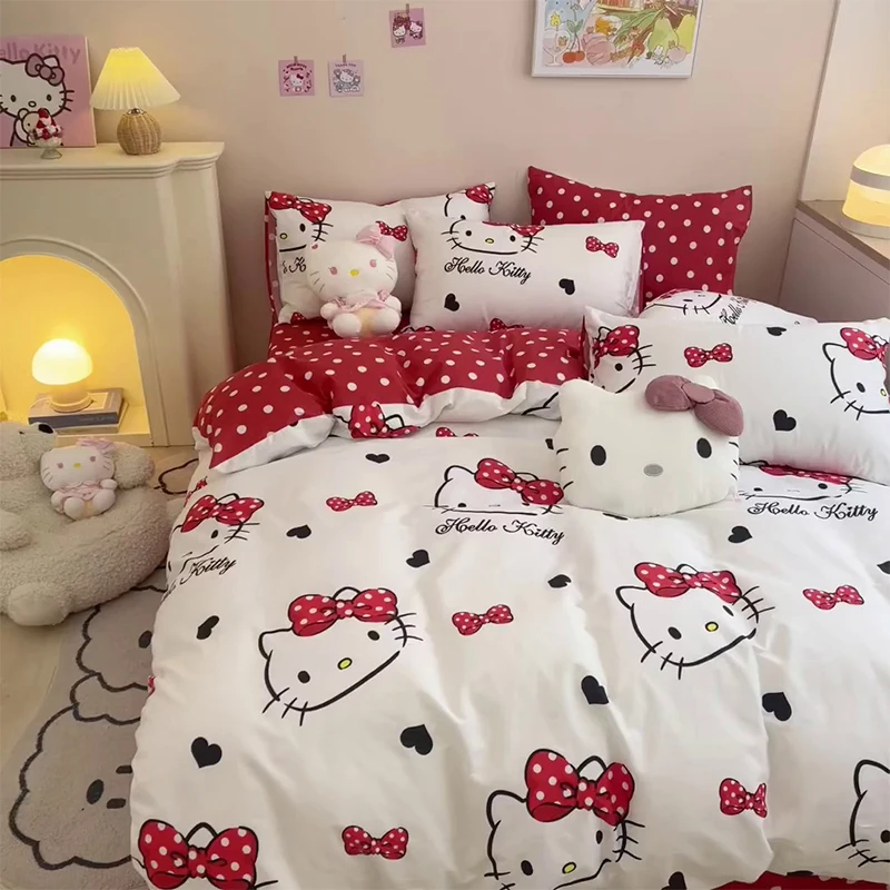 

Kawaii Sanrio, Hello Kitty мультфильм, принадлежности для кровати, комплект из 3 предметов, простыня для спальни, пододеяльник, мягкие удобные товары для жизни