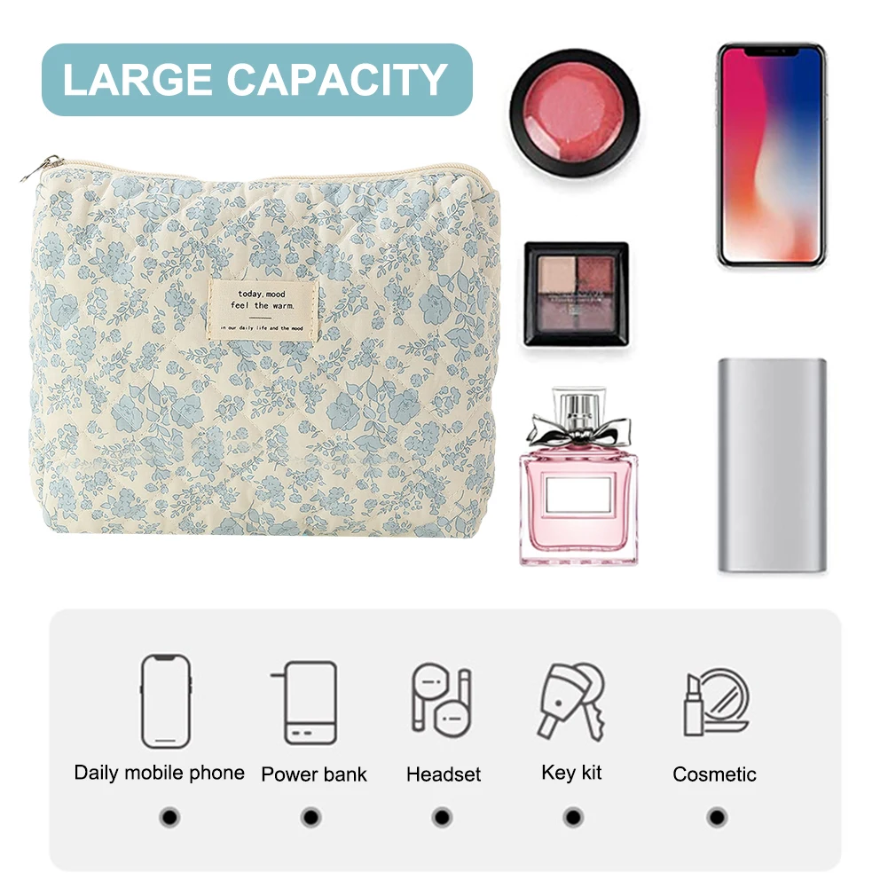 Cotton Quilted Makeup Bag Set for Women with Zipper Closure