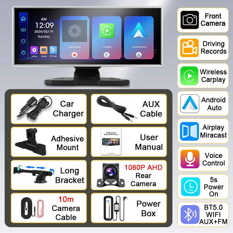 Develuck-Android自動4Kドライブカメラ,11.26インチ,ワイヤレスCarPlay