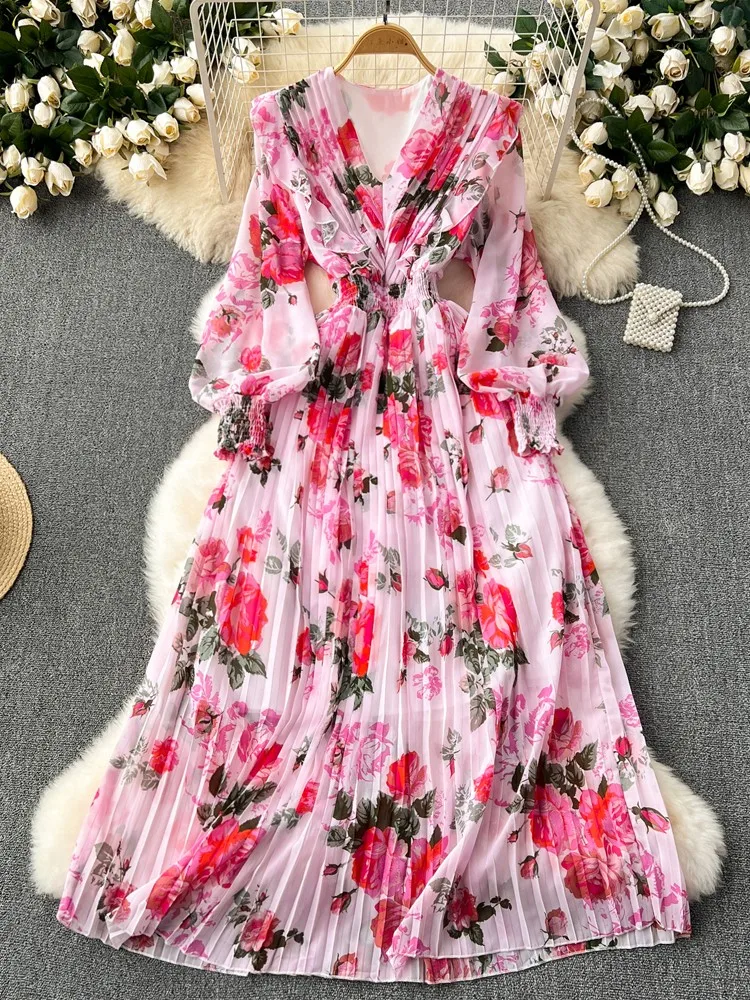 

2024 New Vintage Dress Women Fashion Flower Print Dress Female Chiffon Elastic Waist Dress Causual Long Sleeve Lady Rober
